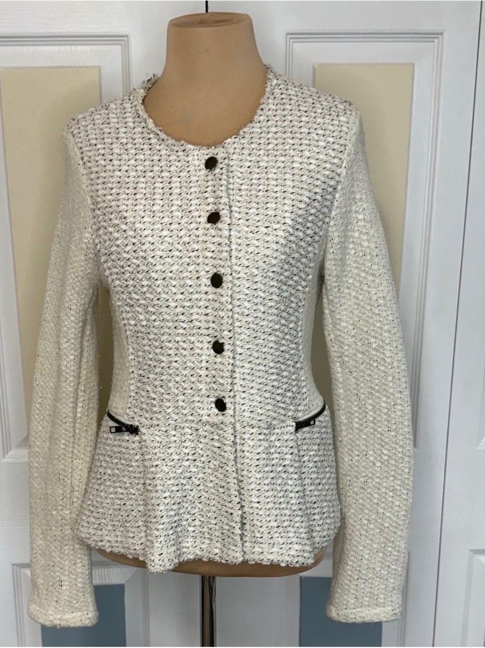 Anthropologie Cartonnier Tweed Textured Knit Peplum Jacket Cream Large